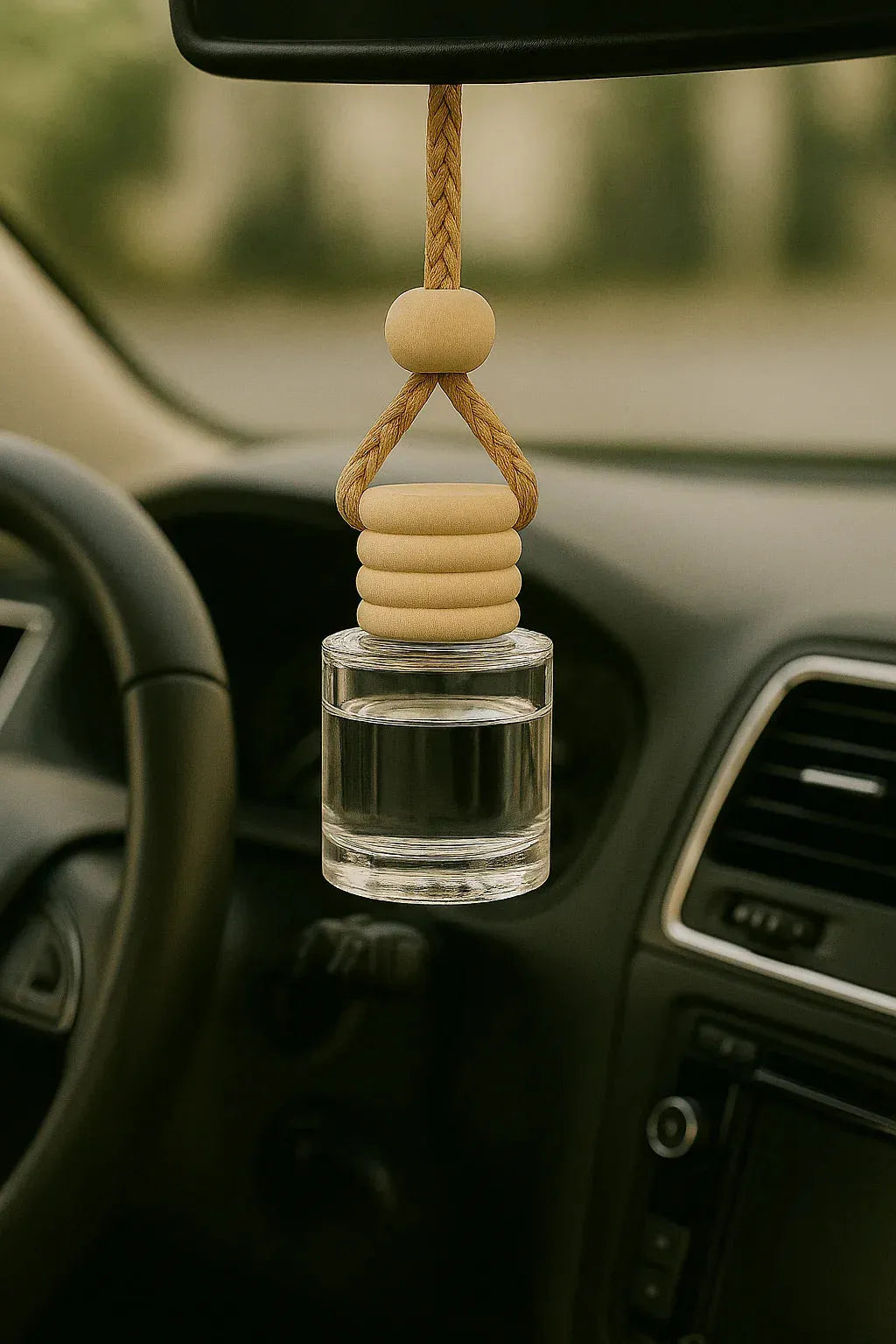 Car air freshener with wooden beads hanging from a car's rearview mirror.