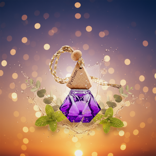 Purple perfume bottle with gold cap on a glowing bokeh background
