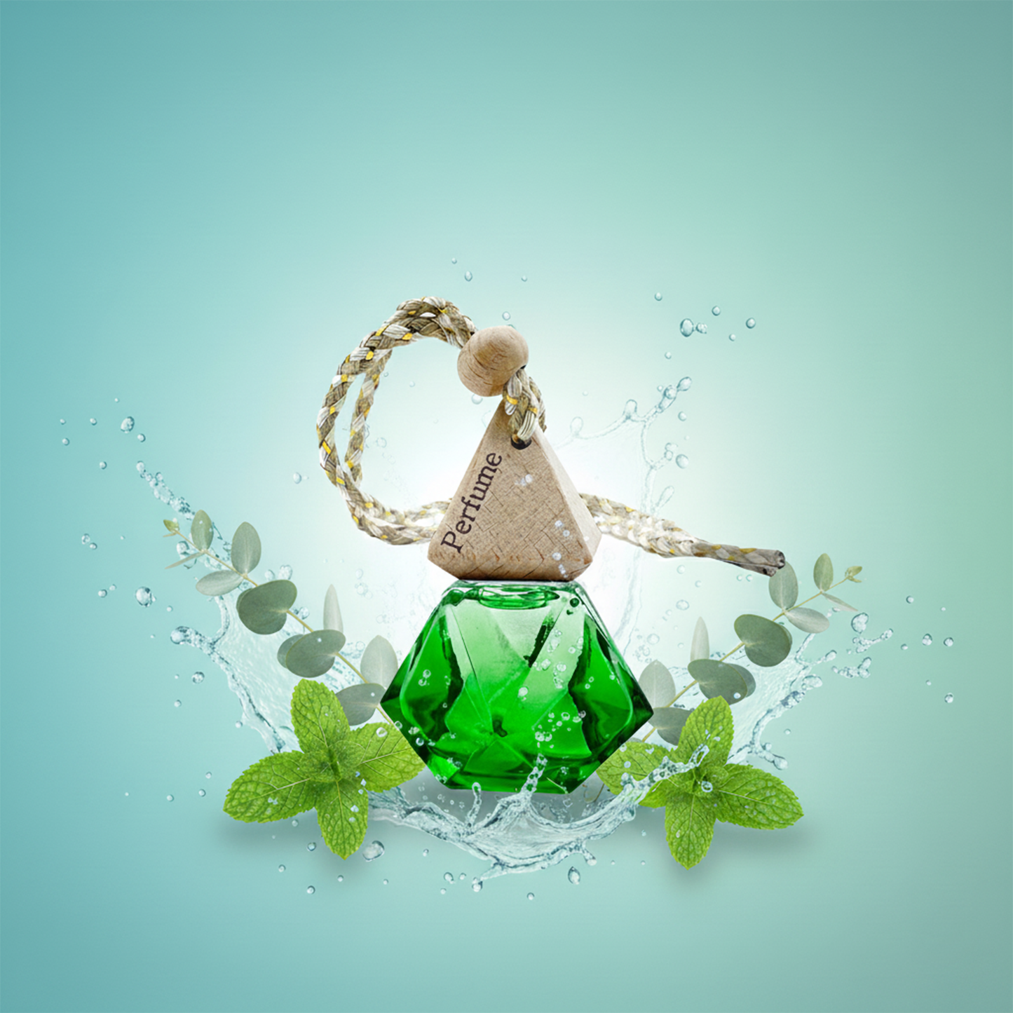 Perfume bottle with a decorative cap on a light blue background with mint leaves