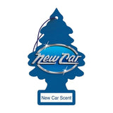 Blue car air freshener with 'New Car' scent on a white background
