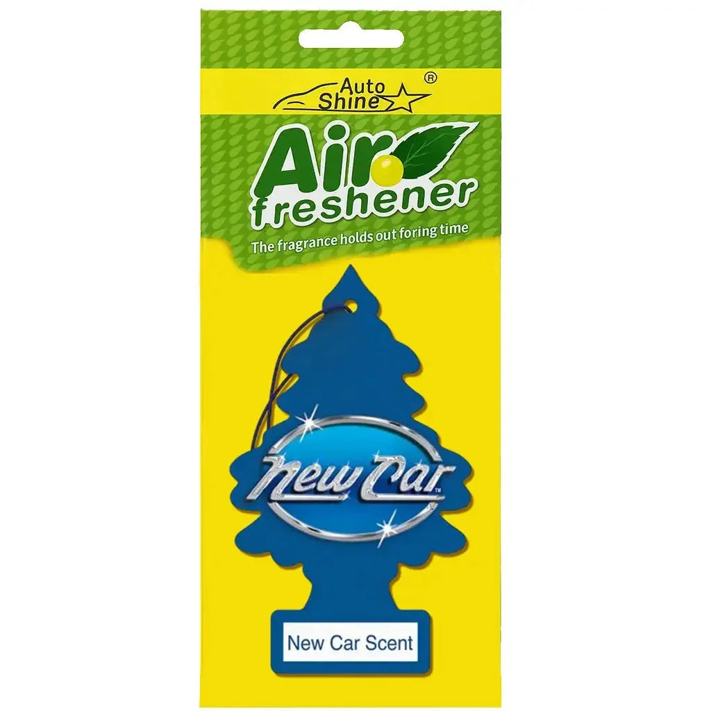 Air freshener packaging with blue tree-shaped design on a yellow background