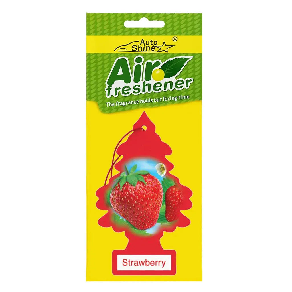 Air freshener packaging with strawberry design on a yellow background