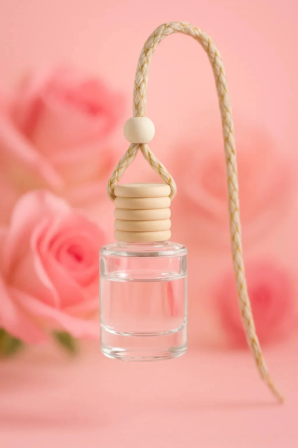 Clear car air freshener with wooden beads on a pink background