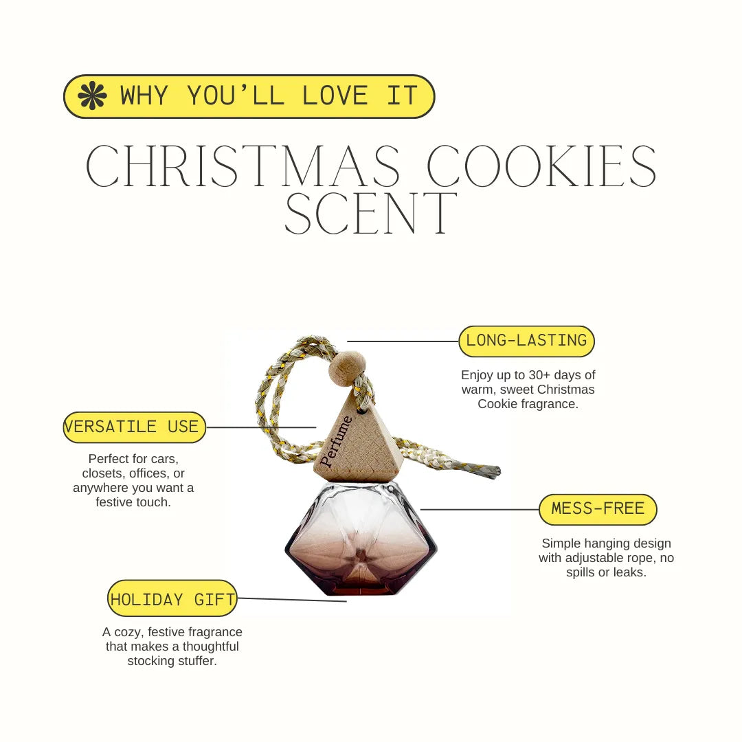 Product description card for a Christmas cookies-scented car air freshener with features listed.