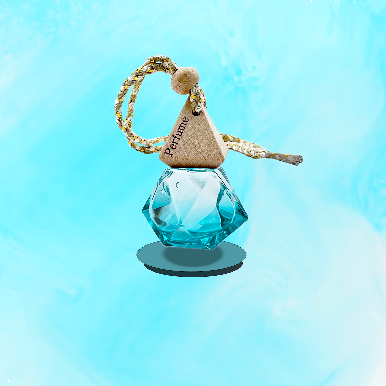 Blue geometric perfume bottle car air freshener with wooden triangle tag on a blue gradient background
