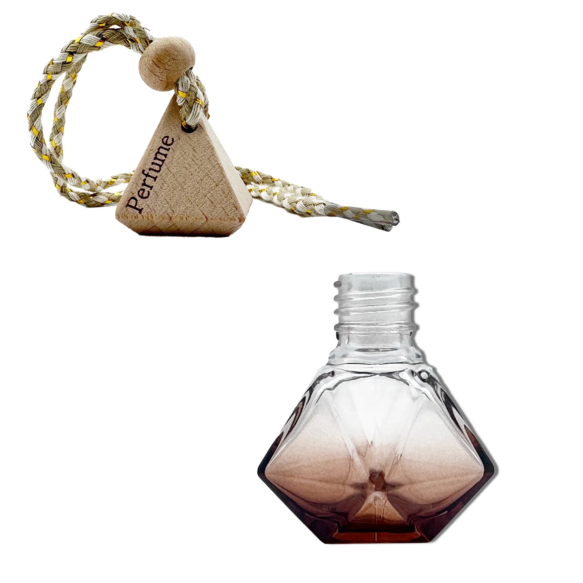 Perfume bottle with a triangular wooden tag labeled 'Perfume' on a white background