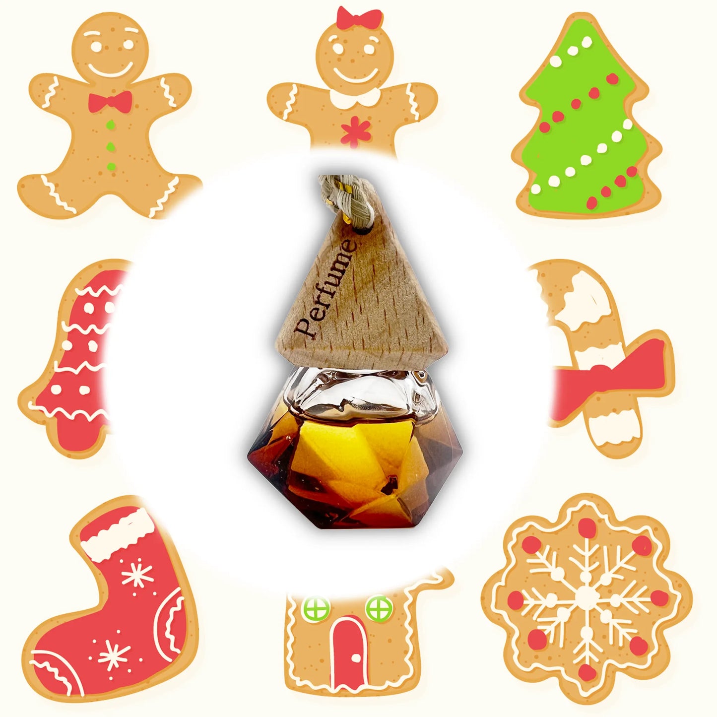 Perfume bottle with decorative gingerbread-themed labels on a white background