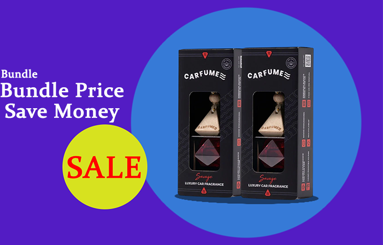 Two CARFUME car fragrance bundles on a blue background with promotional text.