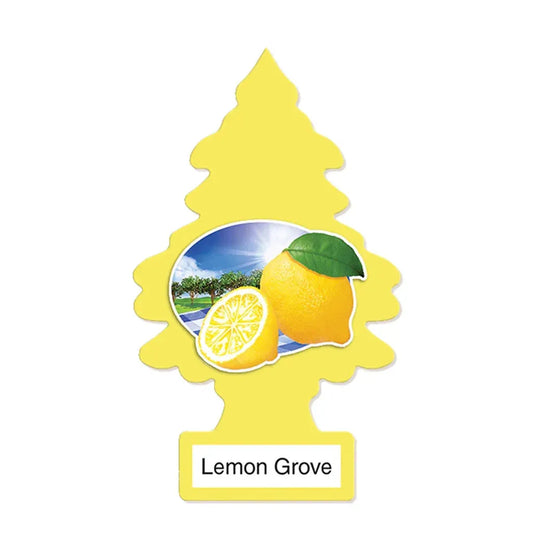 Yellow air freshener shaped like a tree with lemon design and 'Lemon Grove' text on a white background