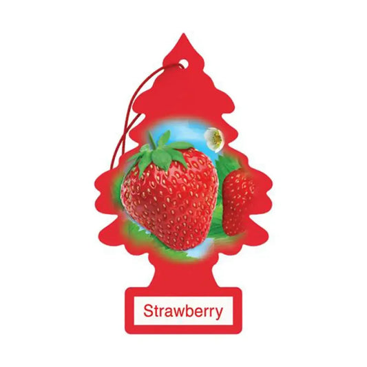 Red strawberry-scented air freshener on a white background